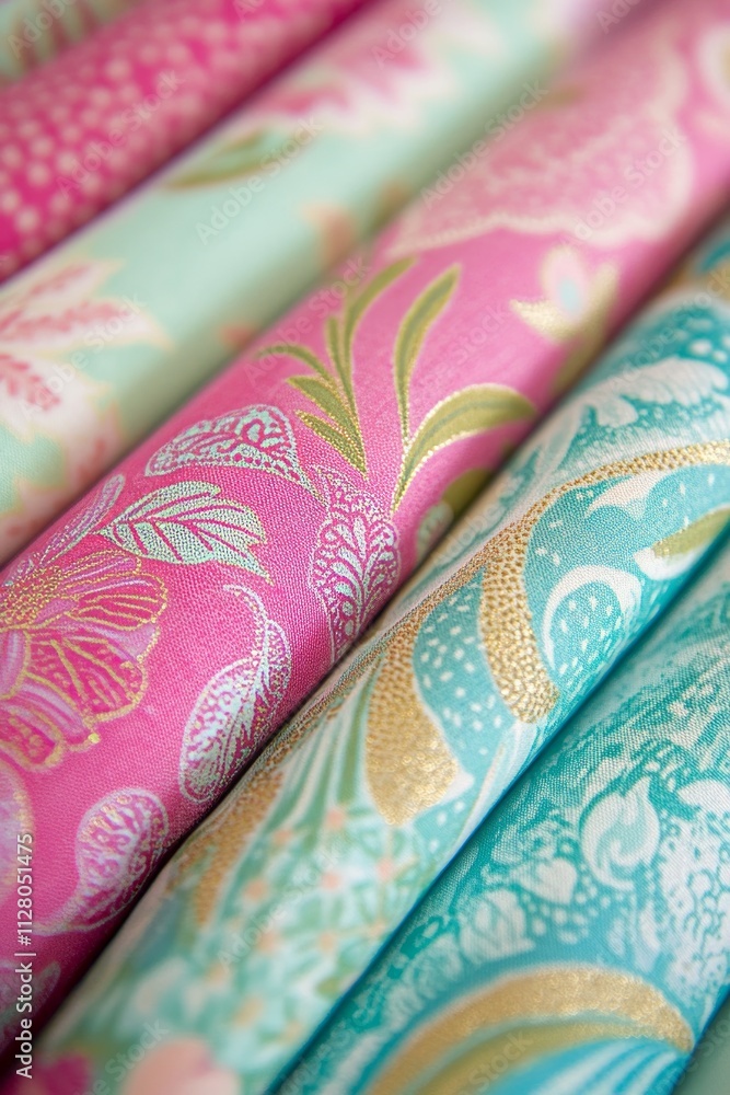 Vibrant Floral Fabric Rolls in Pink and Turquoise with Gold Accents Vibrant Floral Fabric Rolls in Pink and Turquoise with Gold Accents