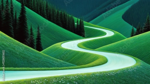 A green path leads to the distance in the forest,