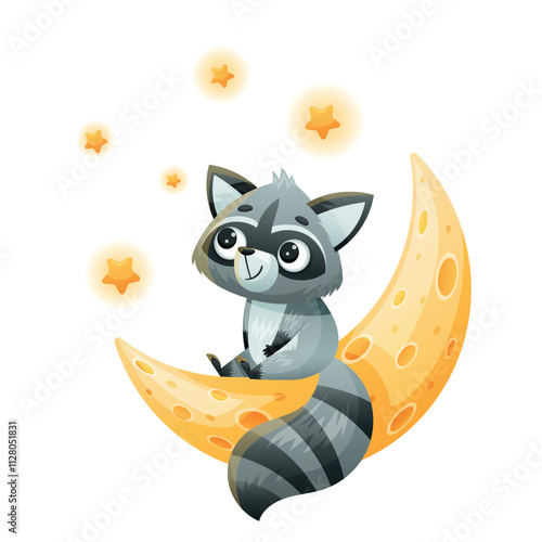 An adorable and playful raccoon is sitting joyfully on a crescent moon, surrounded by a multitude of glowing stars