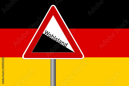 Flagge von Deutschland und ein Verkehrsschild als Symbol für sinkenden Wohlstand	