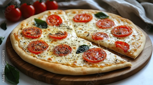 Slice of Italian Margherita pizza with cheese and tomato on a white background. Concept of Italian cuisine, pizza, and food photography