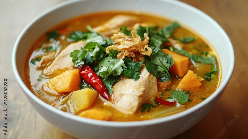 Delicious chicken and sweet potato stew in a white bowl, garnished with cilantro and chili. Delicious chicken and sweet potato stew in a white bowl, garnished with cilantro and chili.