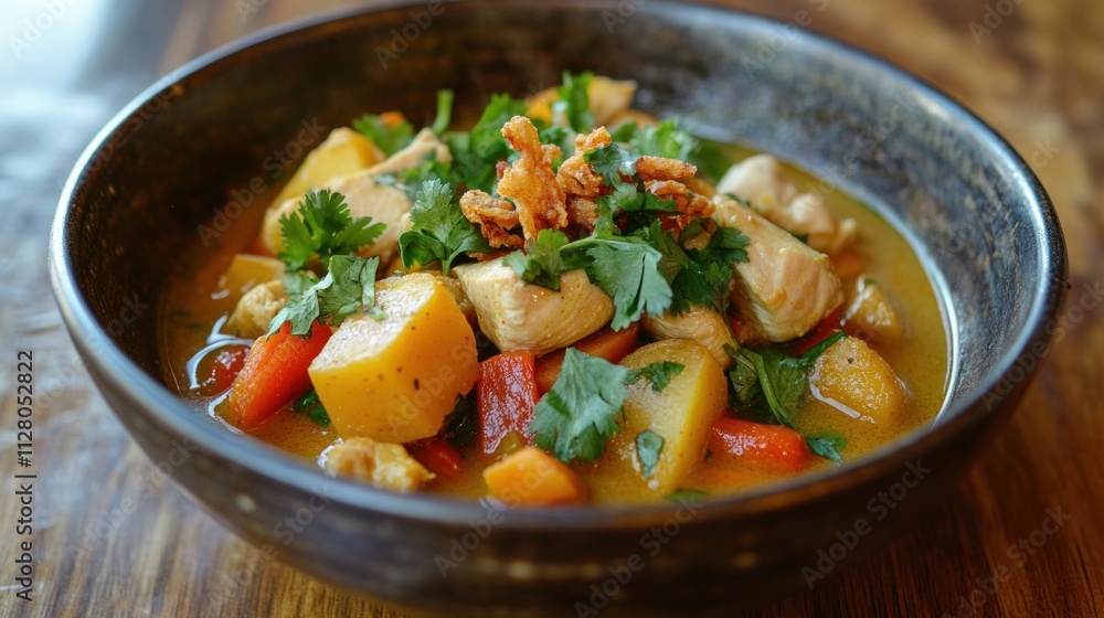 Delicious chicken curry in a bowl with potatoes, carrots, and cilantro. Delicious chicken curry in a bowl with potatoes, carrots, and cilantro.
