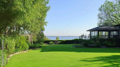 Green grass spacious lawn with clear blue sky