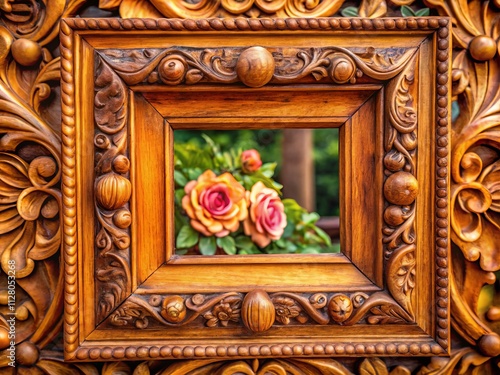 Elegant Intricate Floral Wood Frame, Classic Carved Wooden Frame, High-Detail Photo, Deep Depth of Field, Antique Style Frame