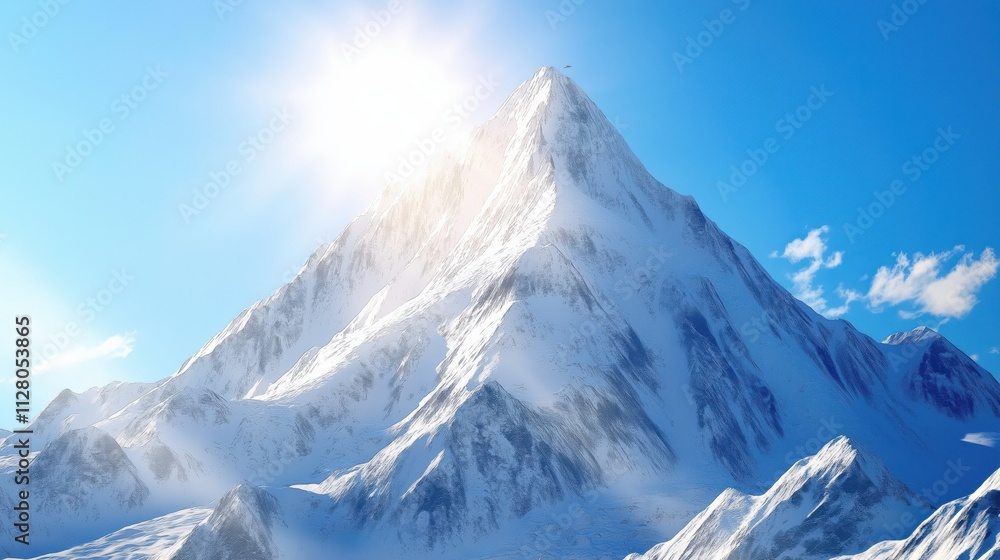 Obraz premium Realistic photo of the K2 snow mountain, sun shining on the top of K2