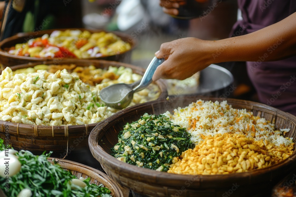 Obraz premium Street food vendor serving steaming rice and noodles in bamboo baskets.