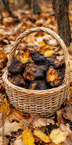 Basket of chaga mushrooms on autumn leaves