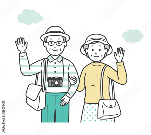 仲の良い老夫婦が旅行先で楽しんでいる上半身イラスト