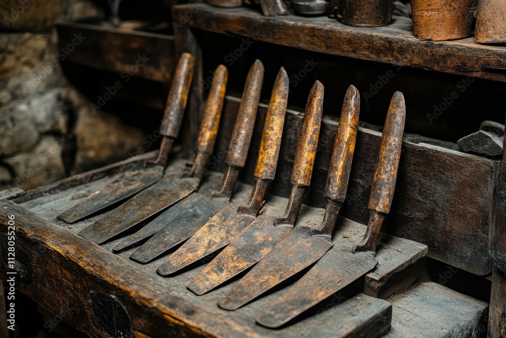 Archaeological Tools Arranged on Wooden Surface Archaeological Tools Arranged on Wooden Surface