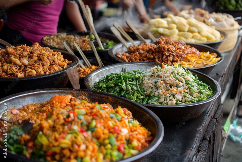 Varied Asian street food dishes in bowls at a market. Varied Asian street food dishes in bowls at a market.