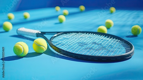 Sport and a healthy lifestyle: the idea of outdoor game sports with anner, softbox lighting, and a Holliday sport composition including yellow tennis balls and a racket on a blue hard tennis court photo