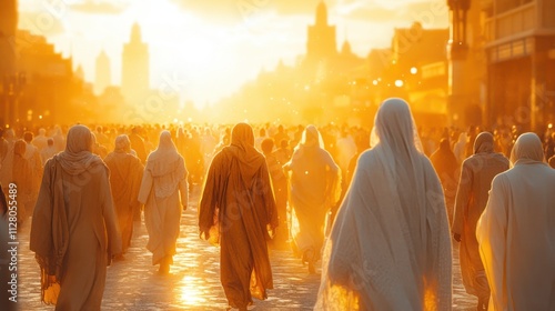 Girl in Orange Shawl in Serene Desert Sunset Scene with Traditional Robes and Community photo