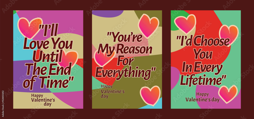 Naklejka premium Three Unique Valentine Greeting Cards with Modern Abstract Art. A set of Valentine’s Day greeting card with sample text, red hearts and abstract backgrounds templates vector illustration. 