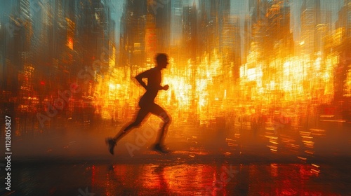 Marathon Runner Taking Selfie in Urban Setting with City Skyline Background and Happy Crowd of Athletes photo