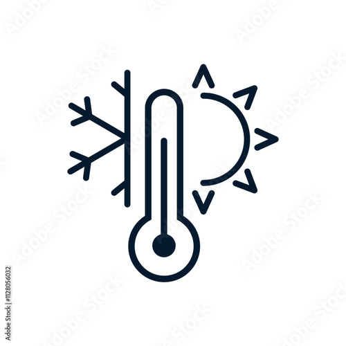 Thermometer, snowflake, sun. Vector linear icon isolated on white background.
