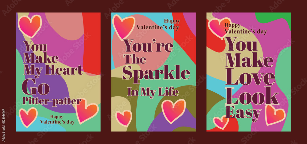 Naklejka premium Modern Valentine Card Set with Subtle Abstract Pastel Patterns. A set of Valentine’s Day greeting card with sample text, red hearts and abstract backgrounds templates vector illustration. 