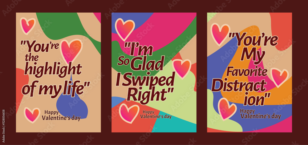 Naklejka premium Set of 3 Romantic Valentine’s Cards with Modern Pastel Designs. A set of Valentine’s Day greeting card with sample text, red hearts and abstract backgrounds templates vector illustration. 
