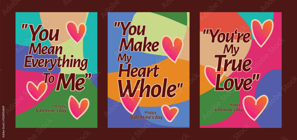 Naklejka premium Three Romantic Valentine Templates with Vibrant Pastel Art. A set of Valentine’s Day greeting card with sample text, red hearts and abstract backgrounds templates vector illustration. 