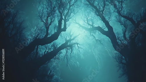 Ethereal, Teal-Lit Forest:  Bare Branches Reaching Upward in a Mystical Night Scene