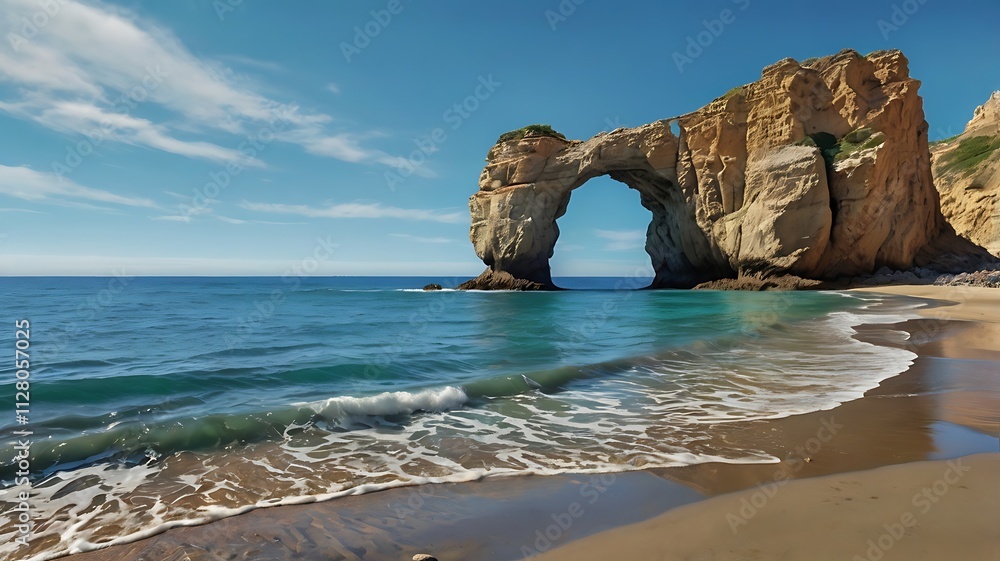 Coastal Landscape with Rugged Rock Arch Formation, Turquoise Sea, and Sandy Beach Coastal Landscape with Rugged Rock Arch Formation, Turquoise Sea, and Sandy Beach