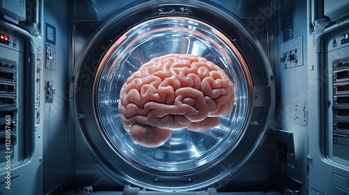 Brainwashing is symbolized by this conceptual image of a brain being cleaned inside a washing machine photo