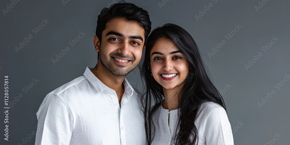 Indian couple in white shirts looking at the camera and smiling, generative AI