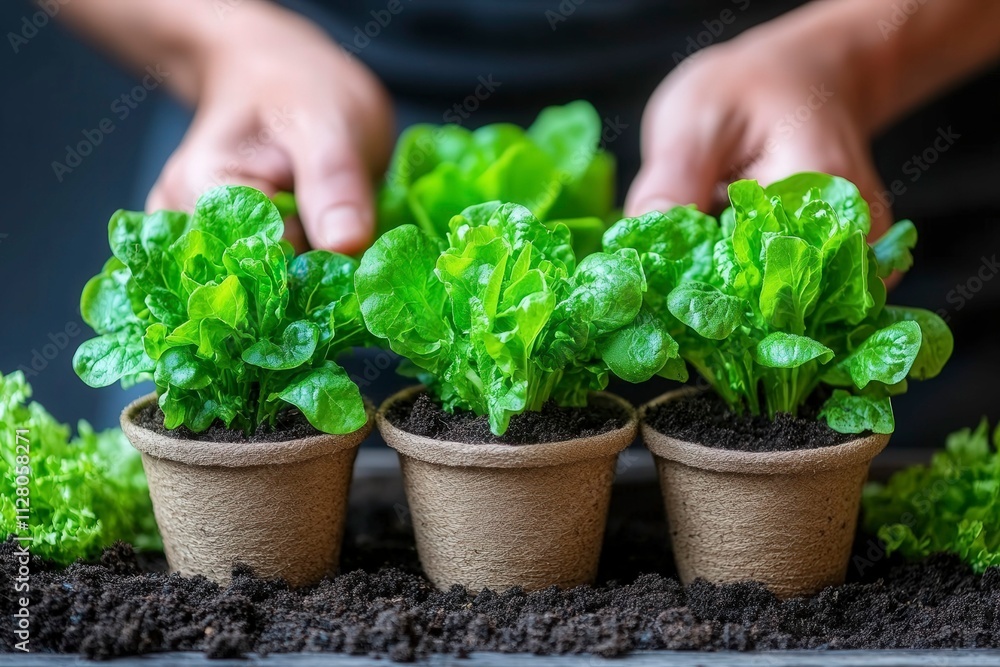 Fresh Green Lettuce Plants in Eco-Friendly Pots Fresh Green Lettuce Plants in Eco-Friendly Pots