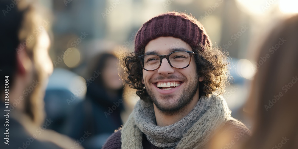 A joyful young man wearing glasses and a beanie, laughing amidst a vibrant outdoor social setting, reflecting the warmth of friendship and community spirit. A joyful young man wearing glasses and a beanie, laughing amidst a vibrant outdoor social setting, reflecting the warmth of friendship and community spirit.