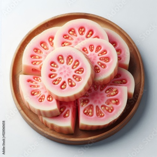 Sliced pink guava halves displayed on a white background photo