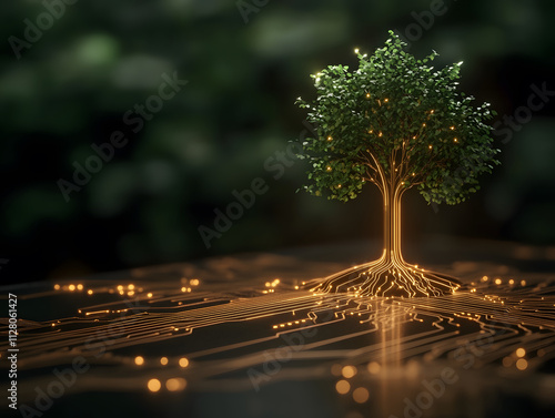 digital tree symbolizing growth and technology, with glowing roots and branches
