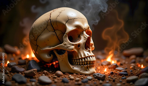 A cracked skull lies on rocky, scorched ground surrounded by flickering flames and rising smoke, evoking a chilling and eerie post-apocalyptic scene. photo