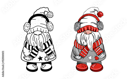  Outline doodle and colored hand-drawn cozy dwarf with a winter scarf