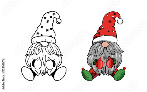 Outline doodle and colored hand-drawn cozy  sitting festive dwarf in hat
