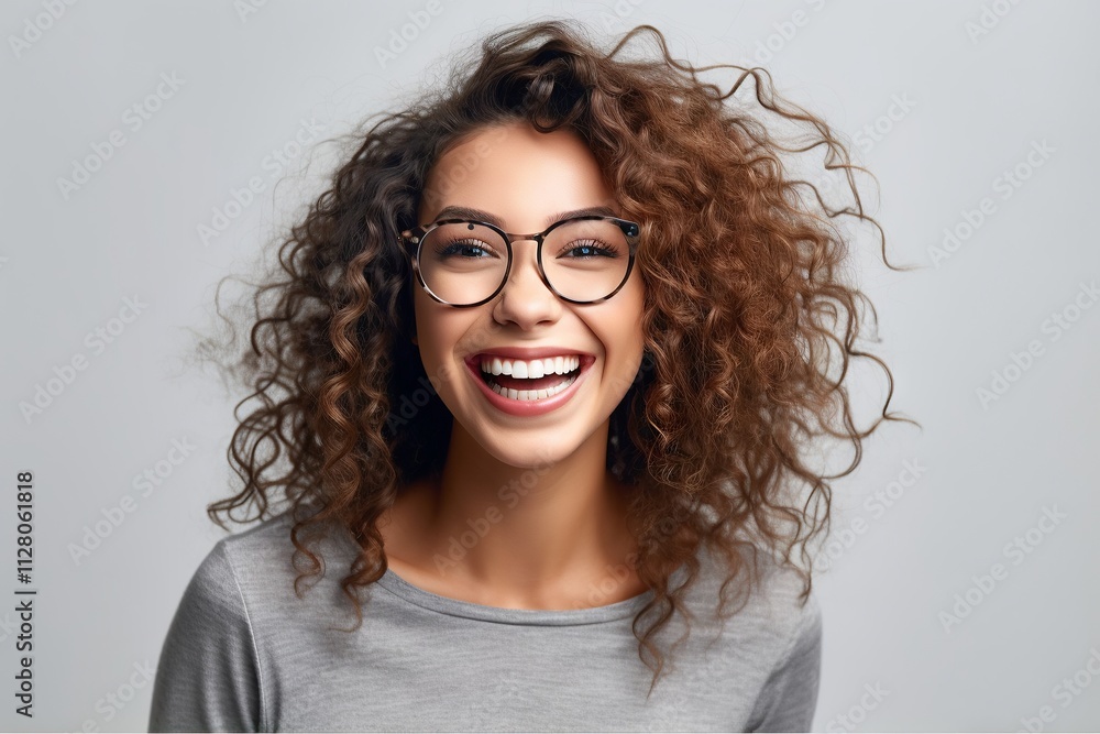 Obraz premium Close up front of young smiling woman with curly hair Generative AI