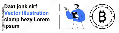 Businessman holding notes and gesturing, Bitcoin symbol, testimonial text placeholders. Ideal for presentations, cryptocurrency guides, business websites, financial services, educational content