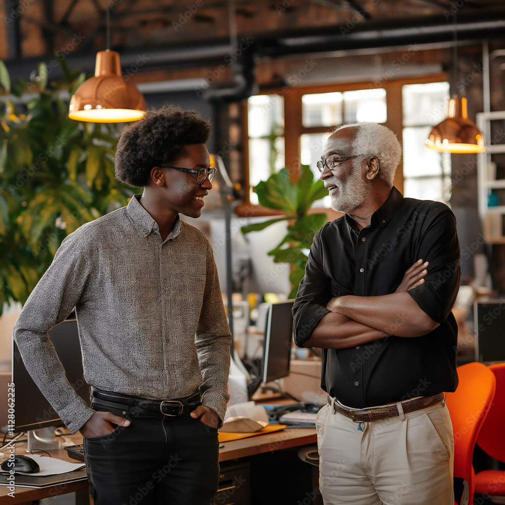 In a bright office filled with plants, a young professional engages with an older colleague, exchanging ideas in a warm and supportive environment, showcasing intergenerational teamwork In a bright office filled with plants, a young professional engages with an older colleague, exchanging ideas in a warm and supportive environment, showcasing intergenerational teamwork