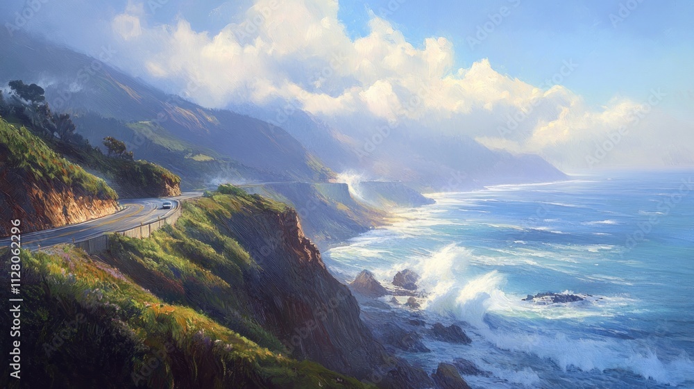 Winding highway along a coastal cliffside, waves crashing below, misty morning light, Winding highway along a coastal cliffside, waves crashing below, misty morning light,