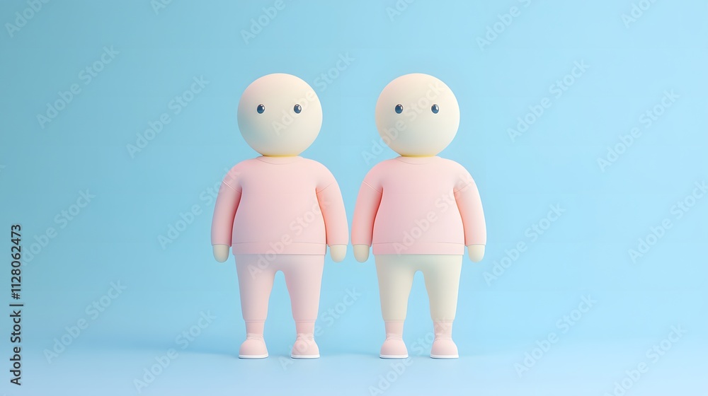 Two cartoon 3D human-like characters representing Gemini, standing side by side with identical minimalist designs Two cartoon 3D human-like characters representing Gemini, standing side by side with identical minimalist designs