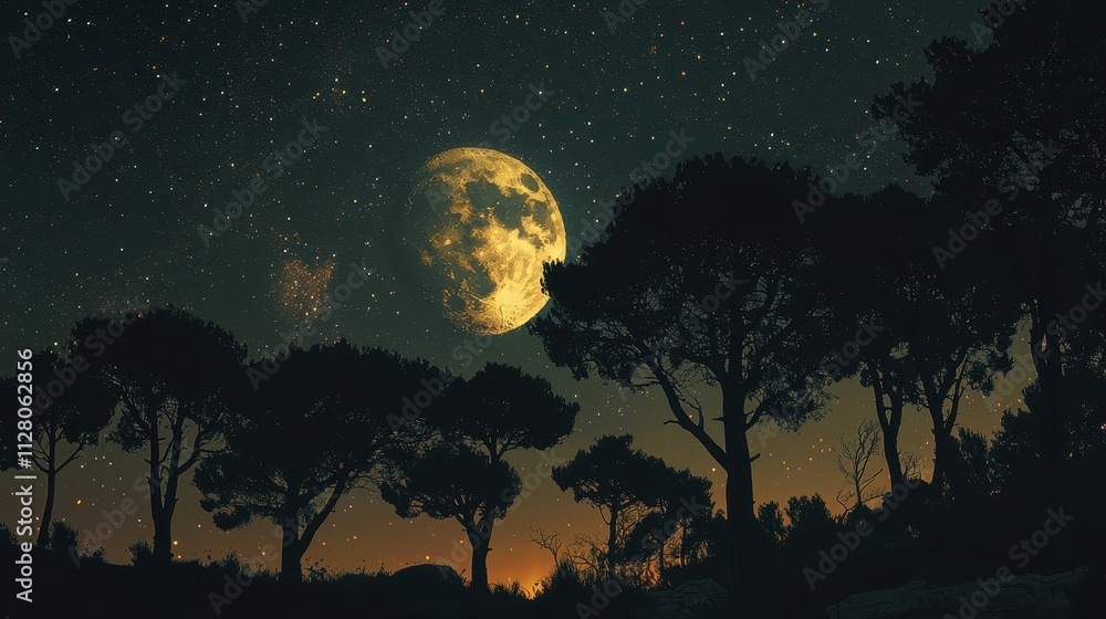Starry Night with Silhouetted Trees and Moon Starry Night with Silhouetted Trees and Moon