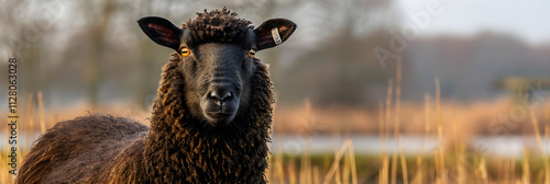 Dappled Sunlight over Natural Scene with Authentic Zwartbles Sheep photo