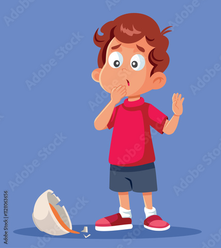 Little Boy Dropping Bowl of Food Vector Cartoon Illustration. Little kid making a disastrous mistake in the kitchen 
