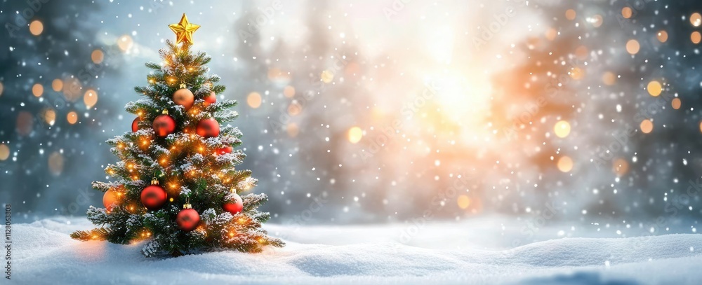 Christmas tree with golden ornaments in snowy landscape with evening lights and festive decorations outdoors