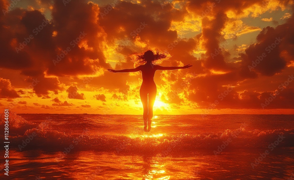 Joyful man jumping at sunset beach with backpack enjoying travel adventure and freedom by the sea Joyful man jumping at sunset beach with backpack enjoying travel adventure and freedom by the sea