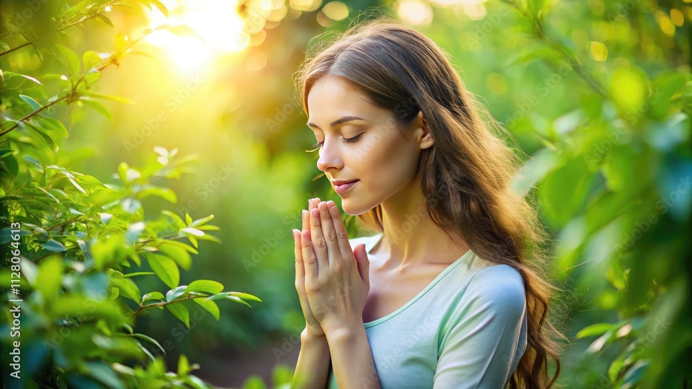 Tranquil meditation in nature: a candid portrait of a woman finding calm amidst lush greenery. Tranquil meditation in nature: a candid portrait of a woman finding calm amidst lush greenery.