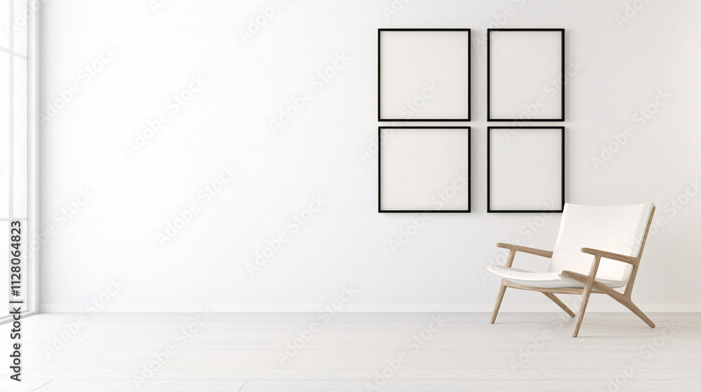 Fototapeta premium A tranquil white room showcasing a minimalist photo wall with five square black frames. Each frame is blank, creating a visual focus on their symmetry and contrast. The white walls, soft lighting,