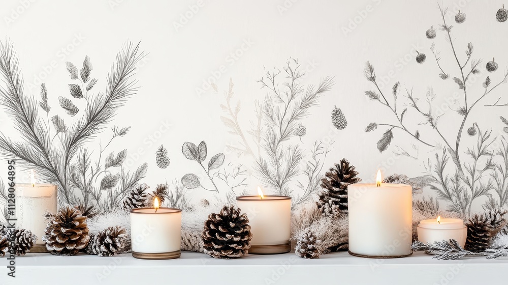 Elegant Minimalist Decoration Featuring Candles and Pine Cones on a Clean Wallpaper Background for Holiday Centerpieces and Festive Atmosphere Elegant Minimalist Decoration Featuring Candles and Pine Cones on a Clean Wallpaper Background for Holiday Centerpieces and Festive Atmosphere