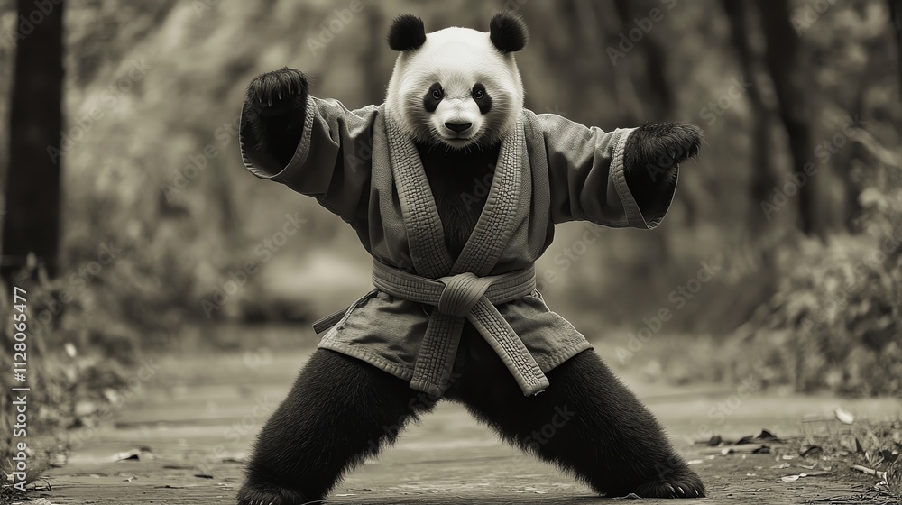 A playful panda dressed in a martial arts outfit strikes a pose in a serene forest setting. A playful panda dressed in a martial arts outfit strikes a pose in a serene forest setting.