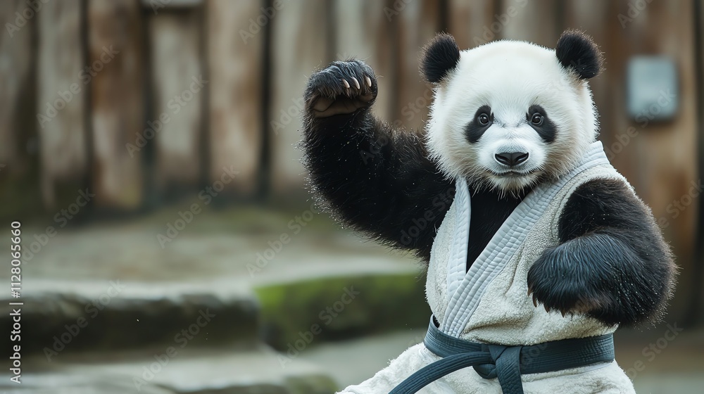 Obraz premium A playful panda dressed in a karate uniform, showcasing martial arts moves in a natural setting.