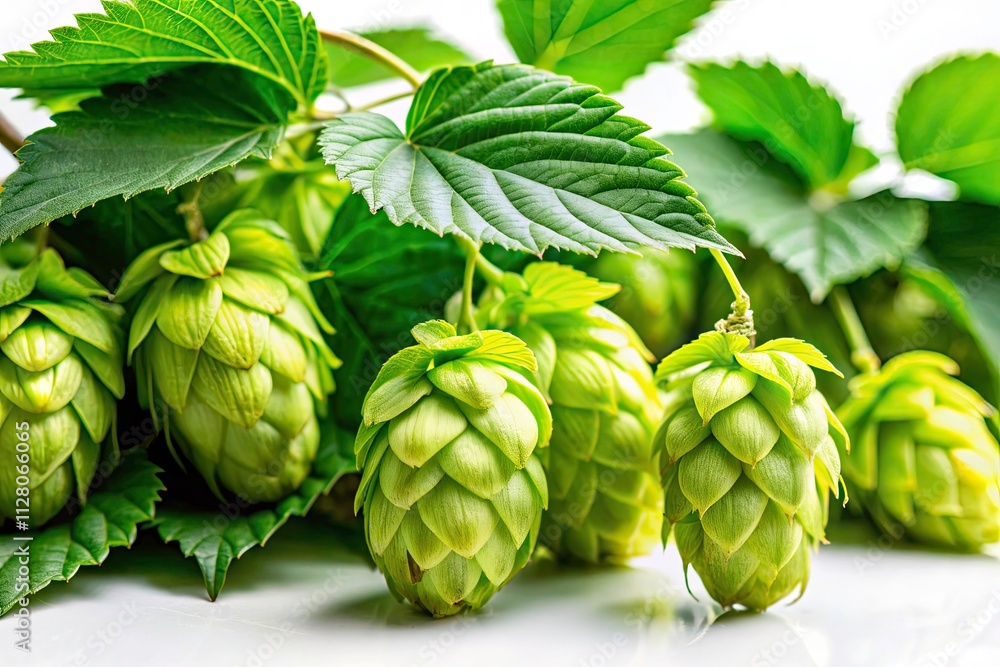 Common Hop Plant (Humulus lupulus) Isolated on White Background with Copy Space for Text, Ideal for Brewing, Gardening, Culinary Uses, Natural Products, and Botanical Illustrations Common Hop Plant (Humulus lupulus) Isolated on White Background with Copy Space for Text, Ideal for Brewing, Gardening, Culinary Uses, Natural Products, and Botanical Illustrations